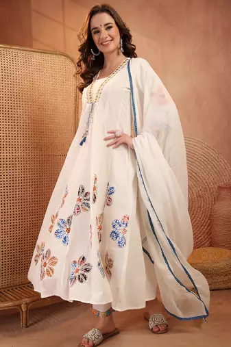  women floral embroidered regular thread work  cotton kurta with trousers & with dupatta