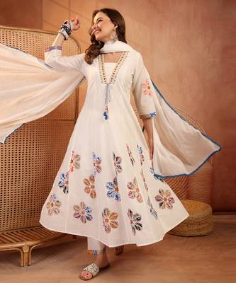 women floral embroidered regular thread work  cotton kurta with trousers & with dupatta 4