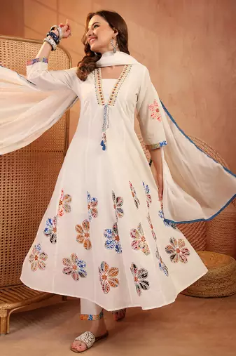  women floral embroidered regular thread work  cotton kurta with trousers & with dupatta