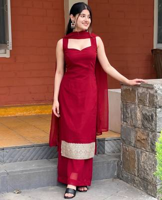 red color designer embroidery work faux georgette kurti palazzo set 1