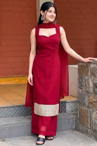 red color designer embroidery work faux georgette kurti palazzo set
