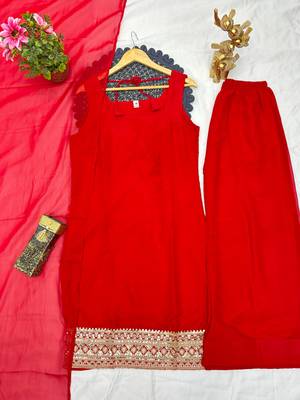 red color designer embroidery work faux georgette kurti palazzo set 2