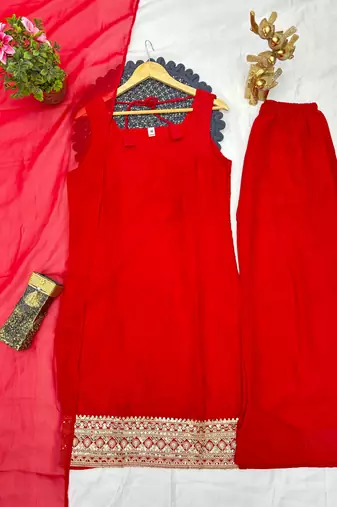red color designer embroidery work faux georgette kurti palazzo set