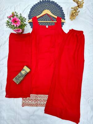 red color designer embroidery work faux georgette kurti palazzo set 3
