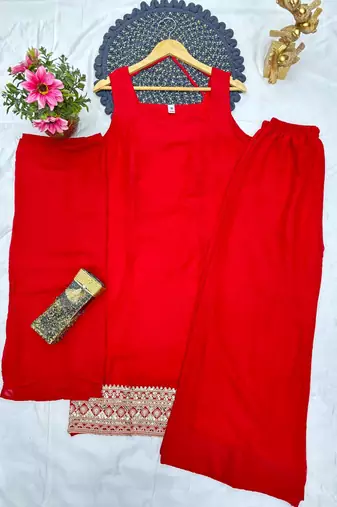 red color designer embroidery work faux georgette kurti palazzo set