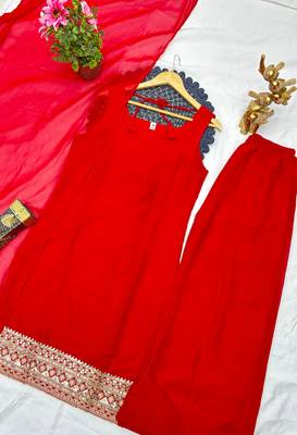 red color designer embroidery work faux georgette kurti palazzo set 4