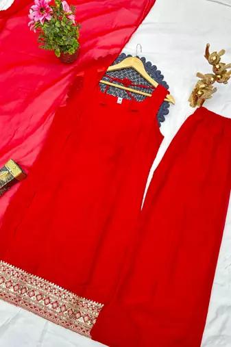 red color designer embroidery work faux georgette kurti palazzo set