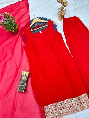 red color designer embroidery work faux georgette kurti palazzo set 5