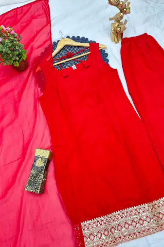 red color designer embroidery work faux georgette kurti palazzo set