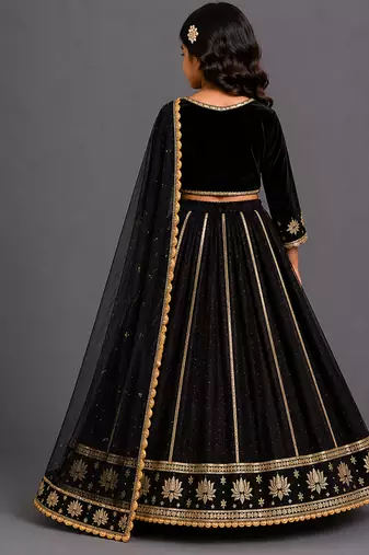 Black gold embroidered cotton silk lehenga set