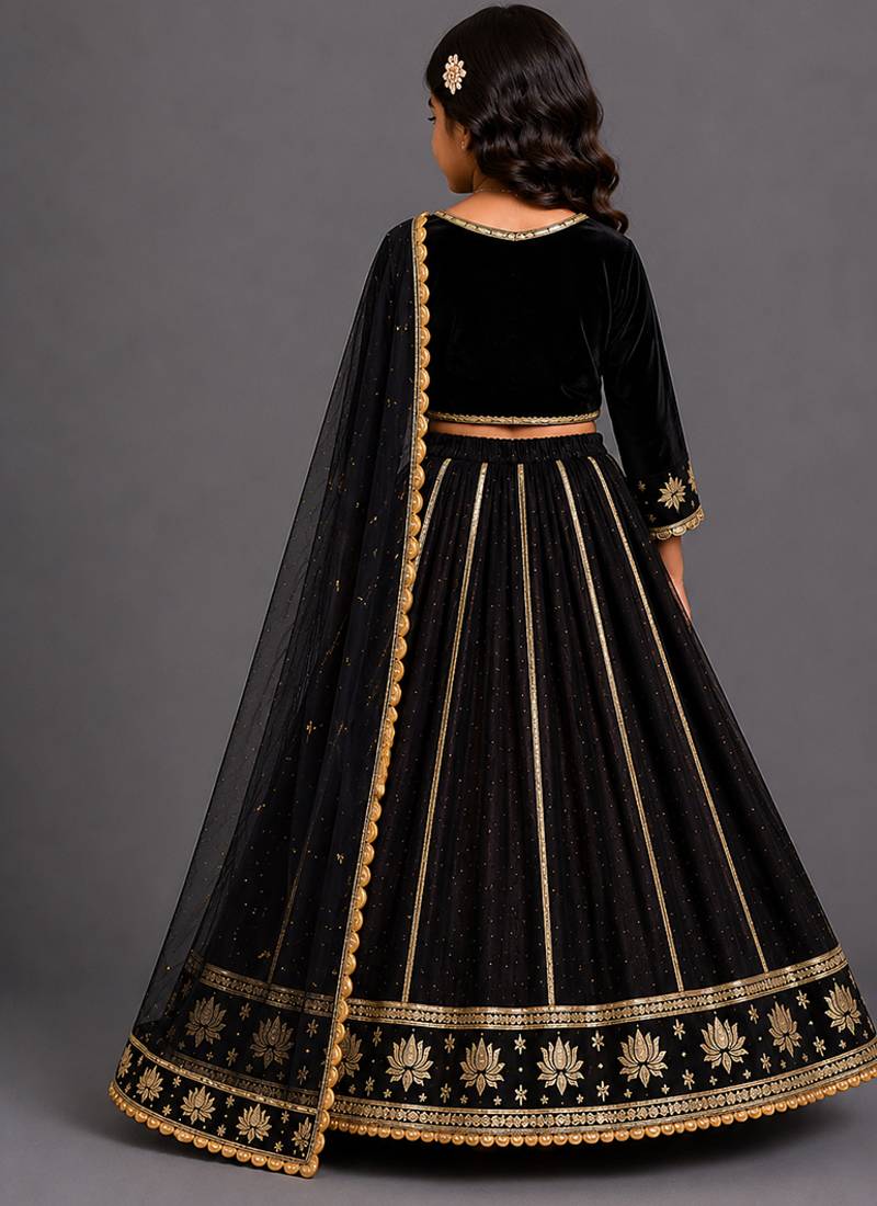 Black gold embroidered cotton silk lehenga set