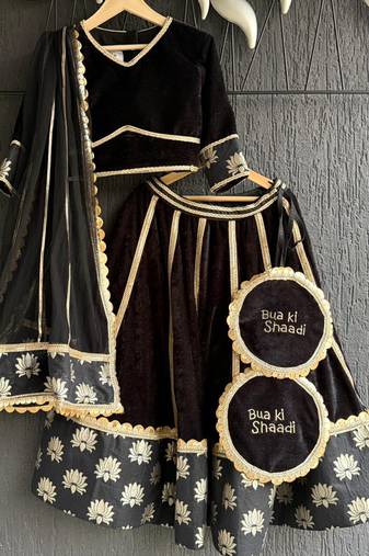 Black gold embroidered cotton silk lehenga set