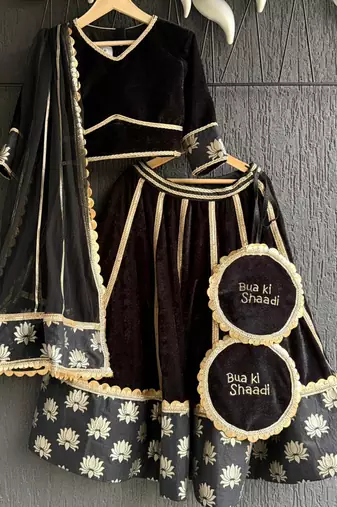 Black gold embroidered cotton silk lehenga set