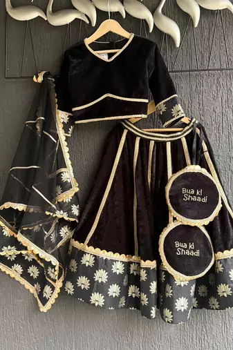 Black gold embroidered cotton silk lehenga set