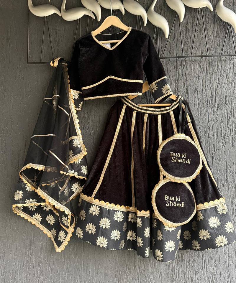 Black gold embroidered cotton silk lehenga set