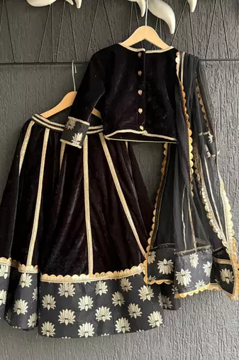 Black gold embroidered cotton silk lehenga set