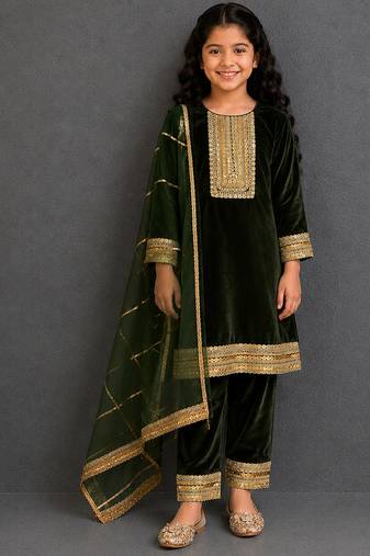 Green embroidered velvet kurta set