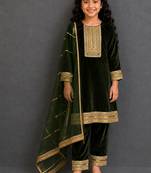 Bottle green embroidered velvet kurta set