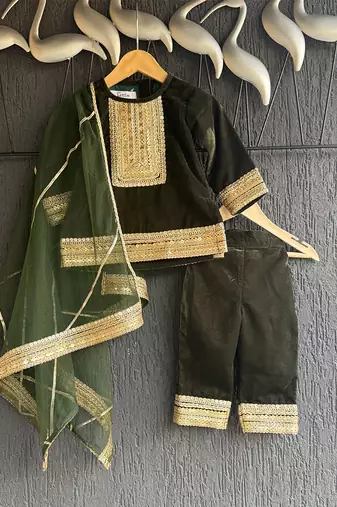 Green embroidered velvet kurta set