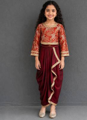 Maroon red brocade draped skirt set 1