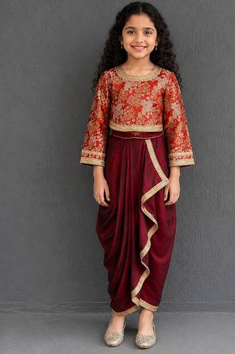 Maroon red brocade draped skirt set