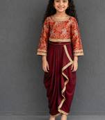 Maroon red brocade draped skirt set