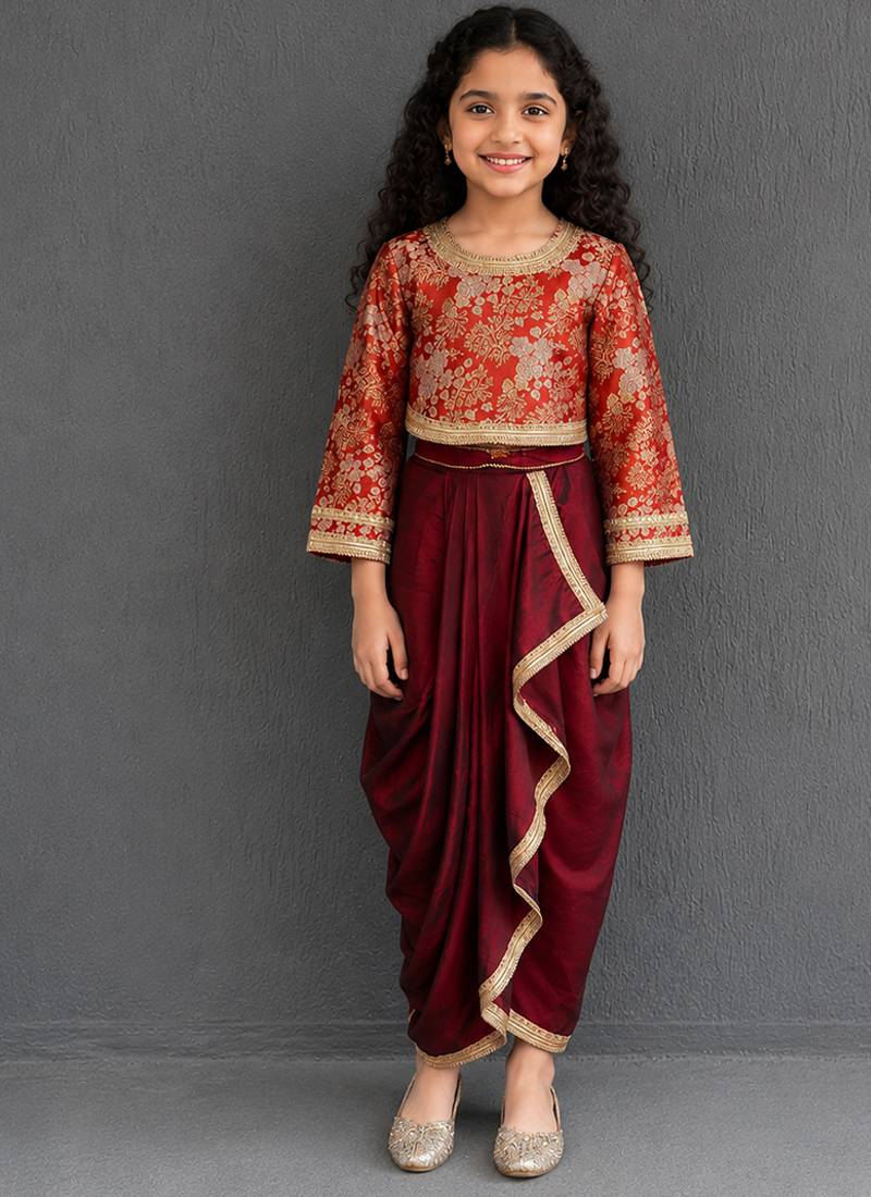 Maroon red brocade draped skirt set