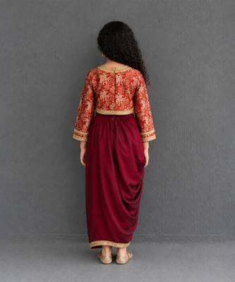 Maroon red brocade draped skirt set 2