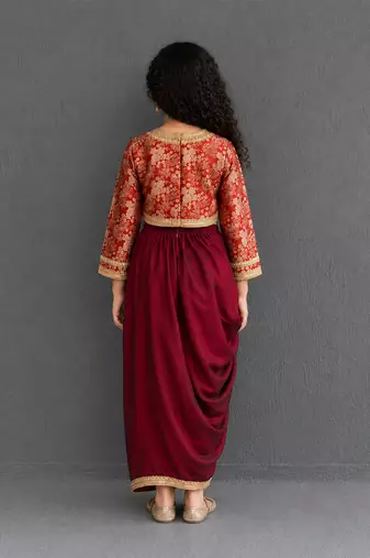 Brown brocade draped skirt set
