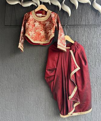 Maroon red brocade draped skirt set 3