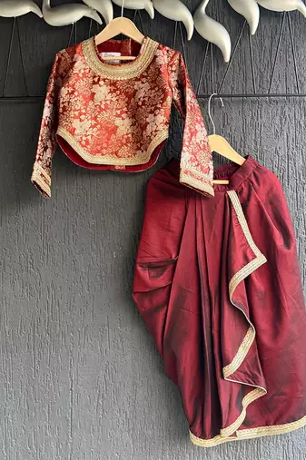 Brown brocade draped skirt set