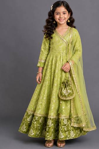 Lime green chanderi anarkali set