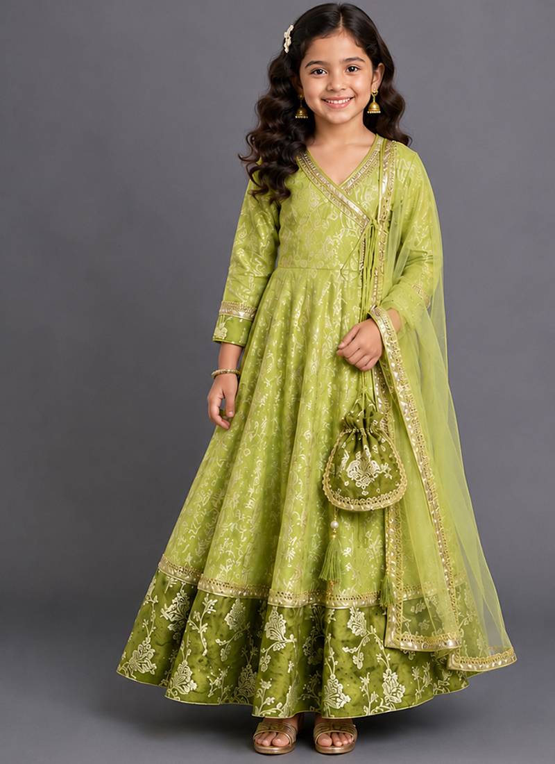 Lime green chanderi anarkali set