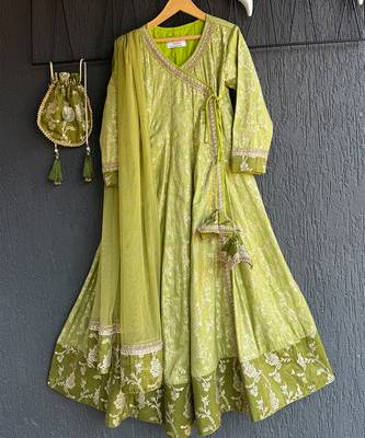 Lime green chanderi anarkali set 3