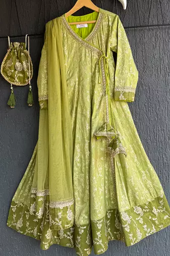 Pastel green chanderi anarkali set