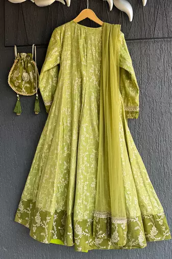 Pastel green chanderi anarkali set