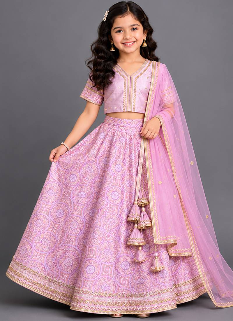 Lilac pink embroidered brocade lehenga set