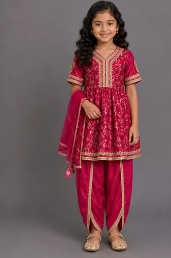 Magenta pink embroidered chanderi kurta set