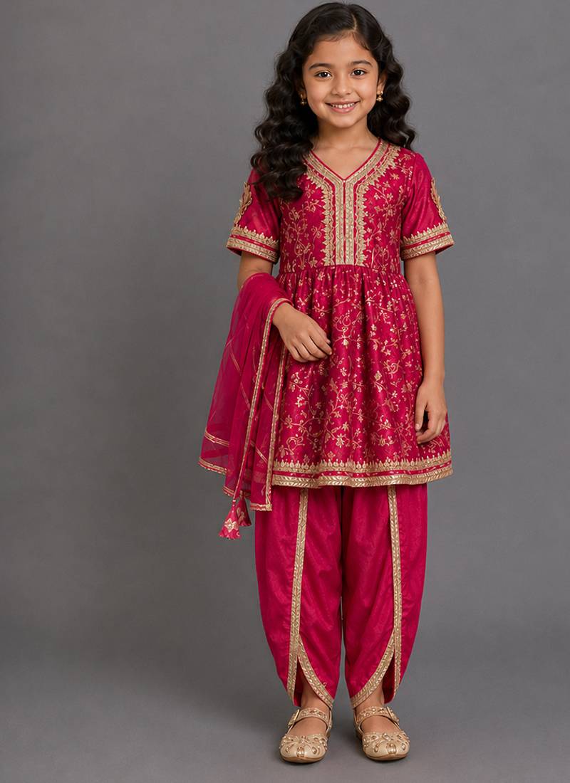 Magenta pink embroidered chanderi kurta set