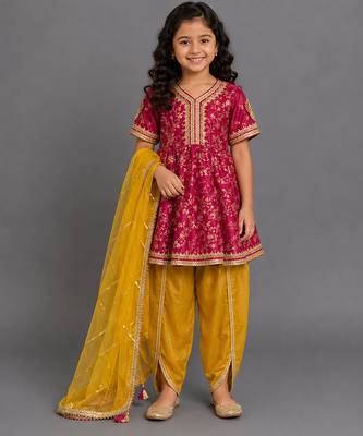 Fuschia pink yellow embroidered chanderi kurta set 1