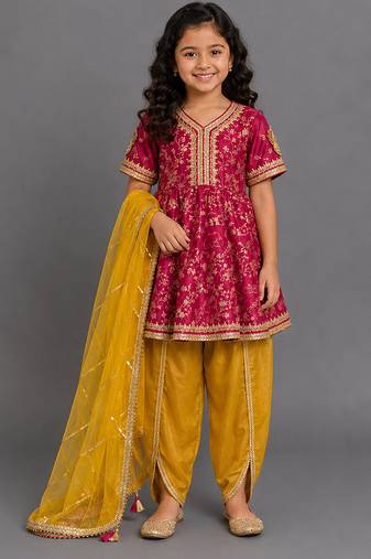 Magenta pink yellow embroidered chanderi kurta set