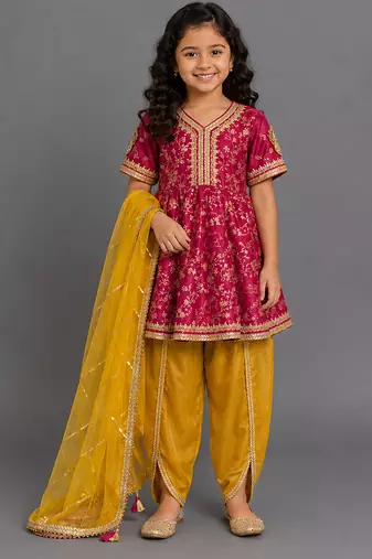 Magenta pink yellow embroidered chanderi kurta set