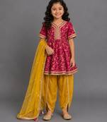 Fuschia pink yellow embroidered chanderi kurta set
