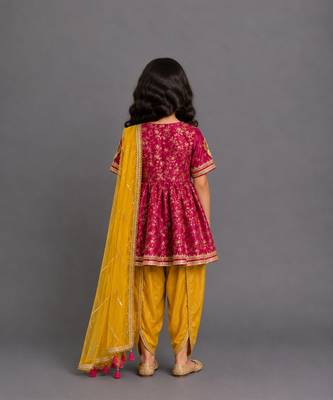 Fuschia pink yellow embroidered chanderi kurta set 2