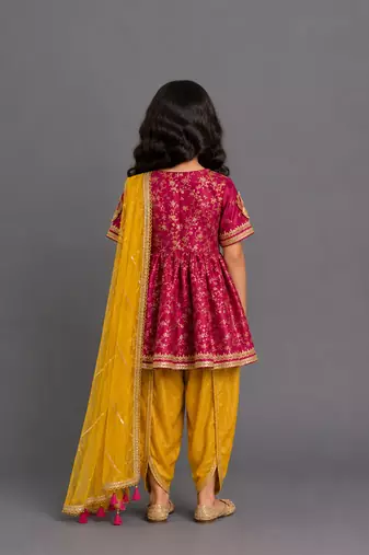 Fuschia pink yellow embroidered chanderi kurta set