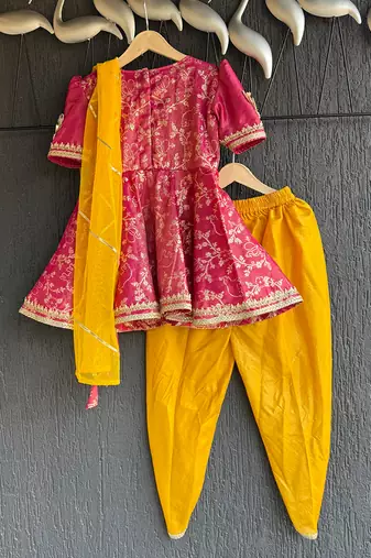 Fuschia pink yellow embroidered chanderi kurta set