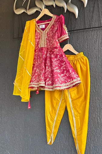 Fuschia pink yellow embroidered chanderi kurta set