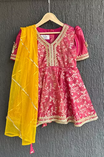 Fuschia pink yellow embroidered chanderi kurta set