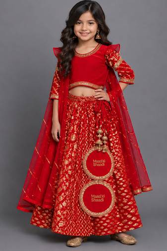 Vibrant red embroidered chanderi lehenga set
