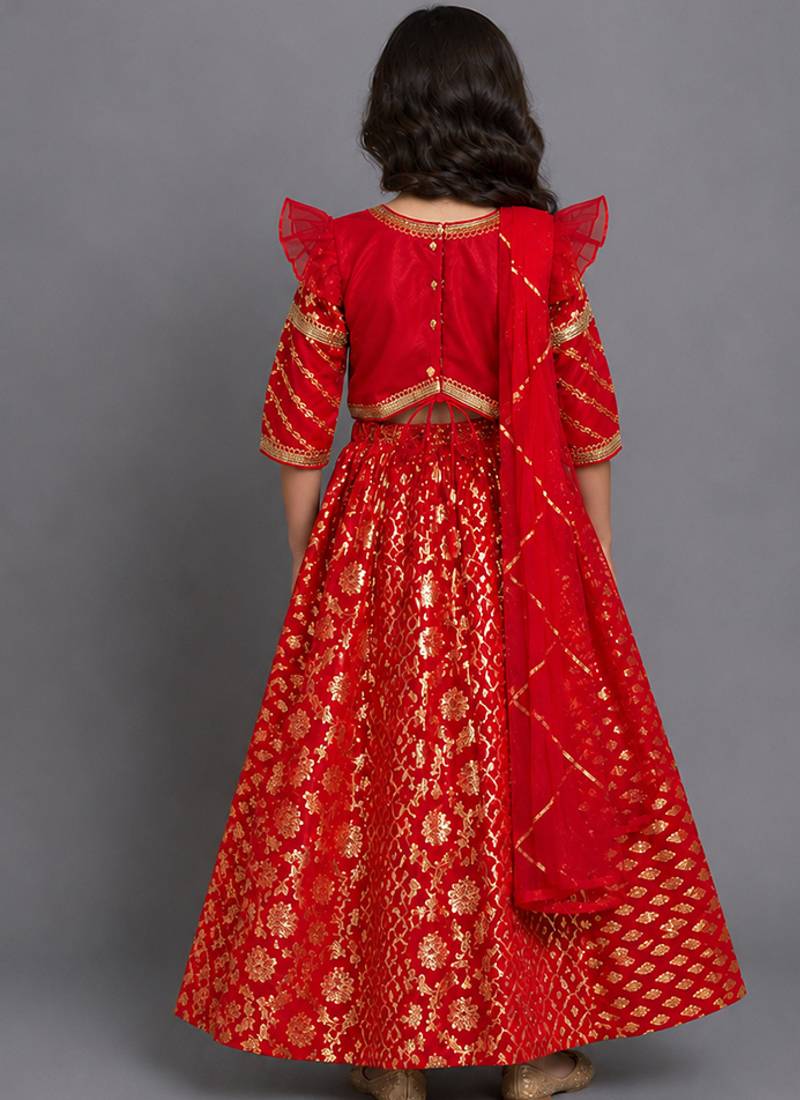 Vibrant red embroidered chanderi lehenga set